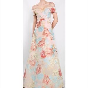 Janique 9621 Floral Short Sleeves Off Shoulder Evening Gown